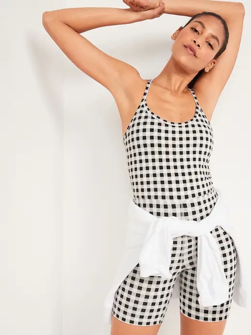 Old Navy Active Black & Cream Gingham Racerback Bodysuit